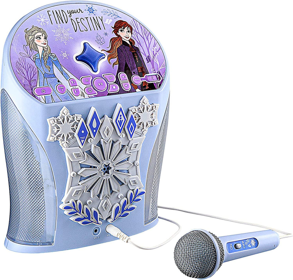 eKids Disney Frozen Karaoke Machine, Bluetooth Speaker with Microphone for Kids, Speaker with USB Port to Play Music, Easily Access Frozen Playlists with New EZ Link Feature