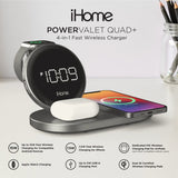 iHome POWERVALET Quad 4-in-1 Dual Qi Wireless Fast Charging, Airpod Charging, Apple Watch Charging, and USB Charging Alarm Clock, 30W Total Power Output (iWW33)