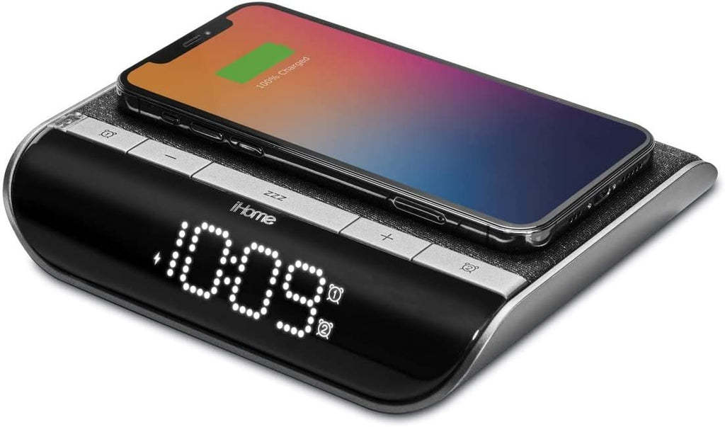 iHome Wireless Charger with Alarm Clock and USB Charger, Digital Clock with iPhone Charger and Samsung Charger for Apple and Samsung Devices